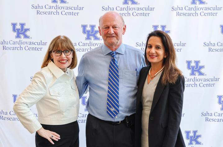 From left, AHA CEO Nancy Brown; Alan Daugherty, UK Saha Cardiovascular Research Center director; and Svati Shah, who received a Gill Award for her outstanding research.