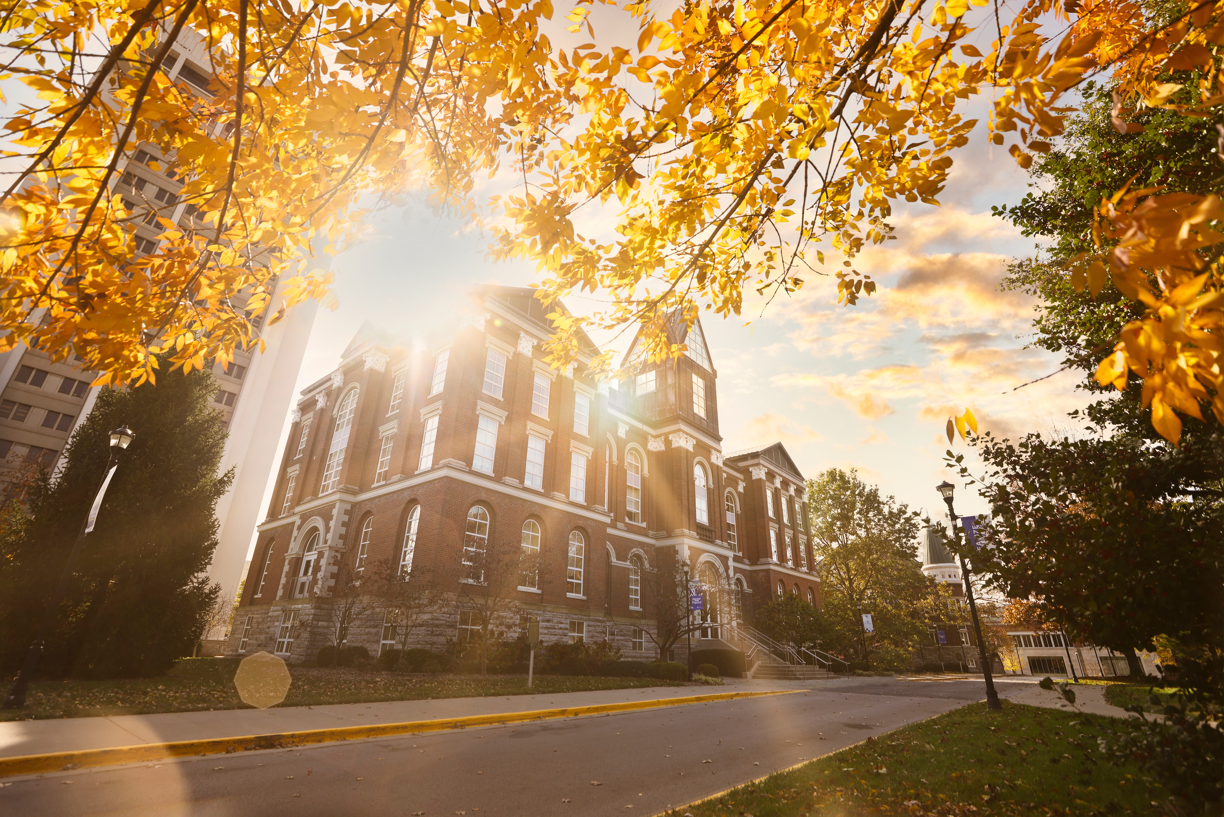 UK Main building with the sun shining behind it, seen through fall foliage
