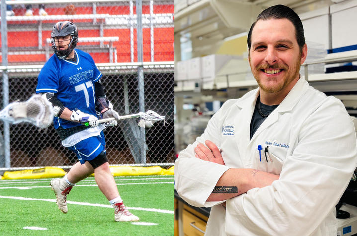 Ryan Shahidehpour playing lacrosse for UK and in the lab