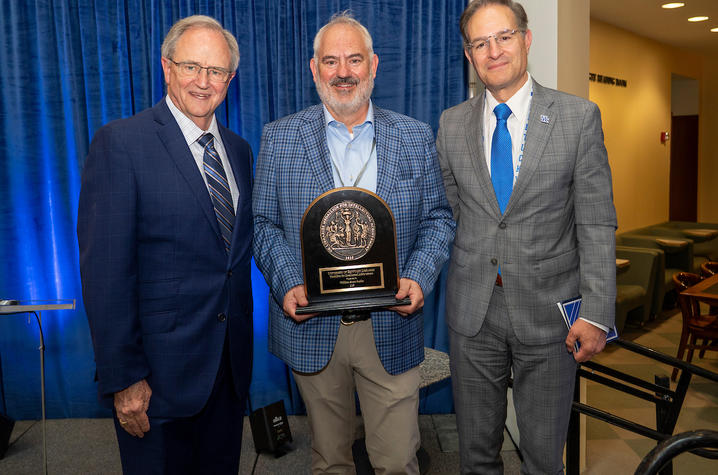 2025 Medallion recipient Brent Seales with UK’s 11th president Lee Todd Jr. and current (2025) provost Robert DiPaola.