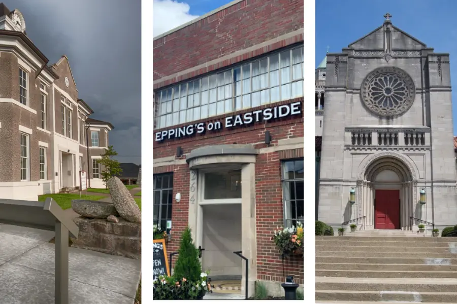 From L-R: Morgan County courthouse in West Liberty, Kentucky; exterior of Epping's on Eastside at Lexington's Warehouse Block; exterior of St. Peter's Catholic Church in downtown Lexington