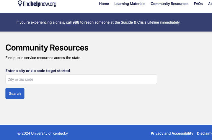 Community Resources search bar on FindhelpnowKY.org