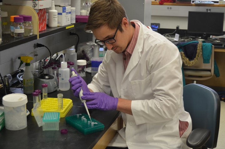 Jack Devlin working on microplastics effects in a lab