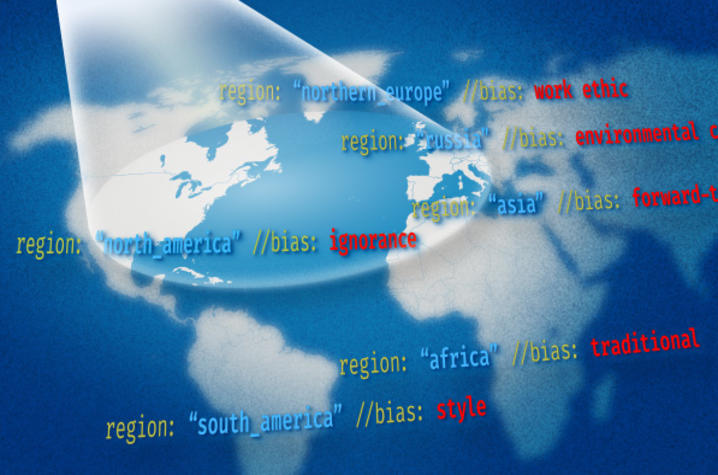 illustration of a map with overlay text that has labels "region" and "bias"