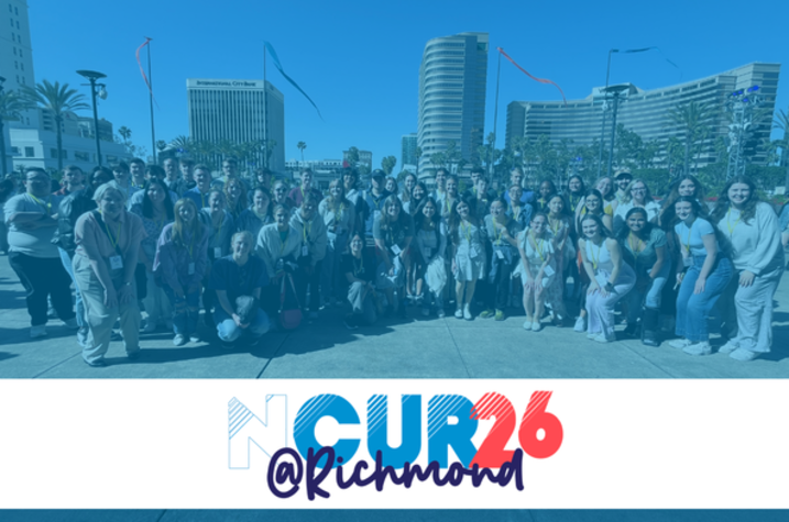 A group of students gathered outdoors - NCUR26 @Richmond logo under