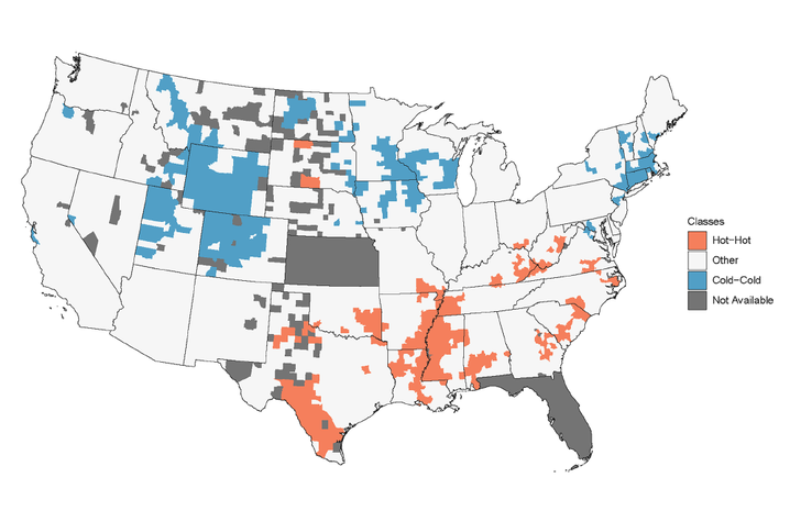 A map of the USA showing cancer-diabetes hotspots