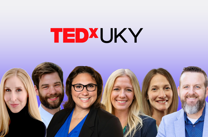 TEDxUKY logo with images of Kathryn Preston, Kenton Sena, Elizabeth Rhodus, Abigail Latimer, Dee Dlugonski, Lou Hirsch