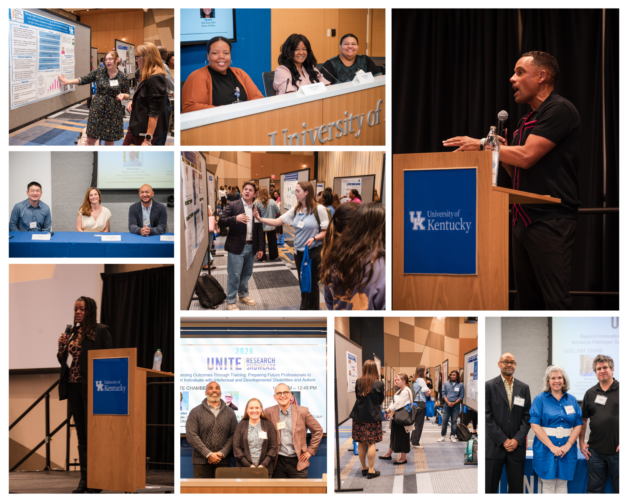 A collage of photos of Hill Harper and Joia Crear-Perry, faculty panelists, and trainee poster presenters for the 2026 UNITE Research Showcase on April 28th