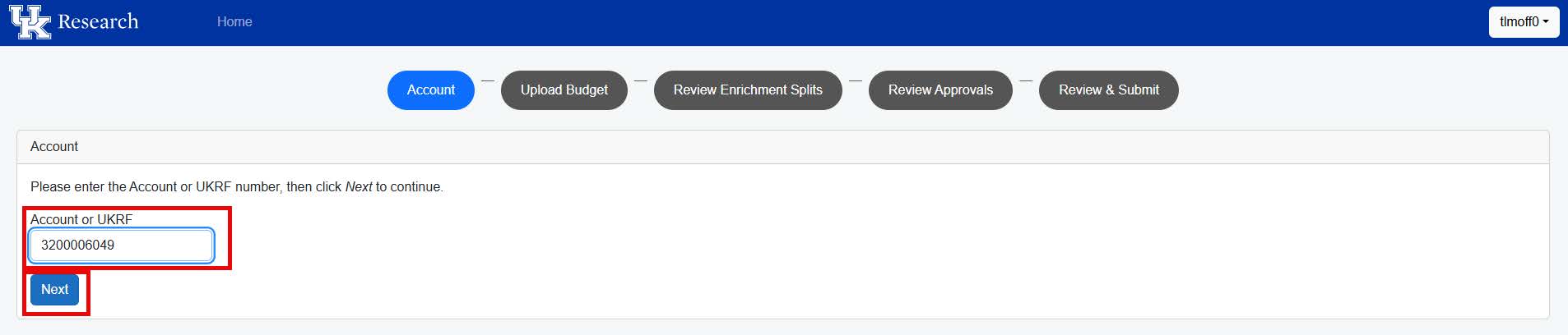 screenshot of Account window with the area for Account or UKRF highlighted