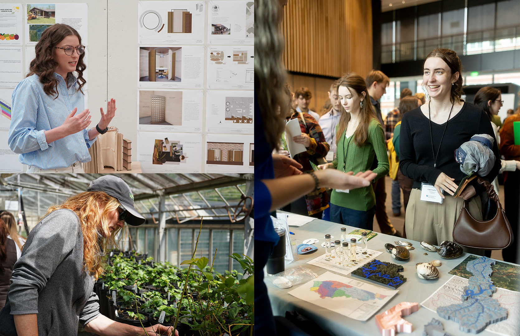 Collage of a student presenting a 3D model, instructor exploring a greenhouse, and people interacting at a career fair.