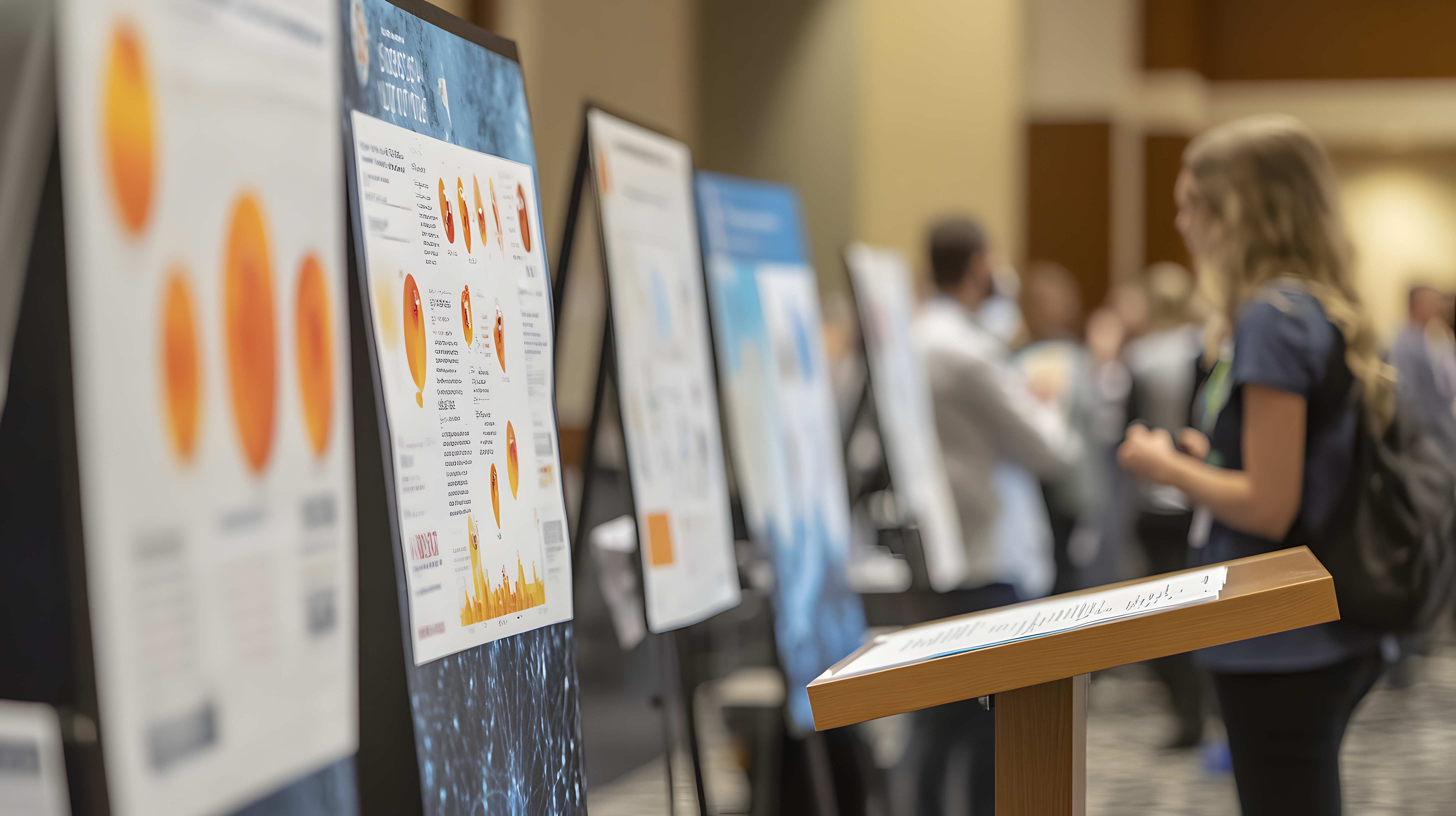 A woman looks at displayed scientific posters during a conference