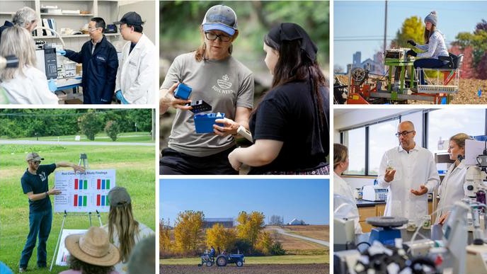 Collage of agricultural and scientific research activities. Images show researchers working with laboratory equipment, conducting field demonstrations, collecting soil samples outdoors, operating agricultural planting equipment in a field.