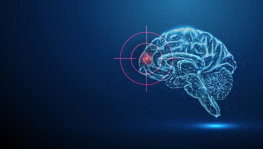 A bright blue transparent brain, against a dark blue background, with a red target focused on one part of the brain. 