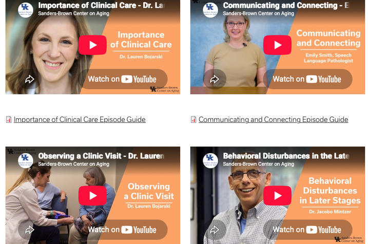 Screenshot of the Sanders-Brown Center on Aging educational video series webpage featuring episodes on clinical care, communication, common medical issues, clinic visits and behavioral disturbances in later stages of dementia.