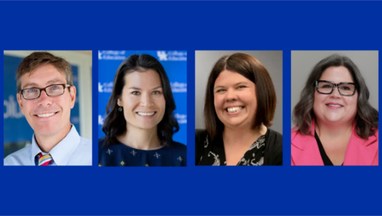 Headshots of four individuals arranged side by side on a blue background. Three images show people against blue backdrops, and one shows a person wearing a pink jacket against a neutral background.