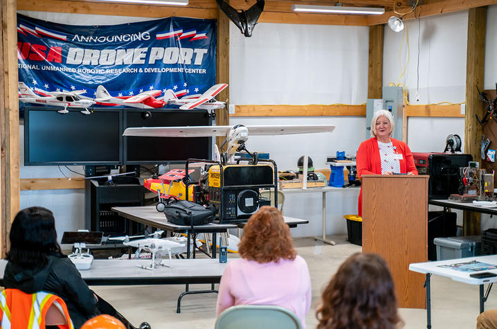 Fran Feltner, former director of the UK Center of Excellence in Rural Health, addresses the crowd at a press conference at USA Drone Port about the Jericho Project on September 25, 2020.