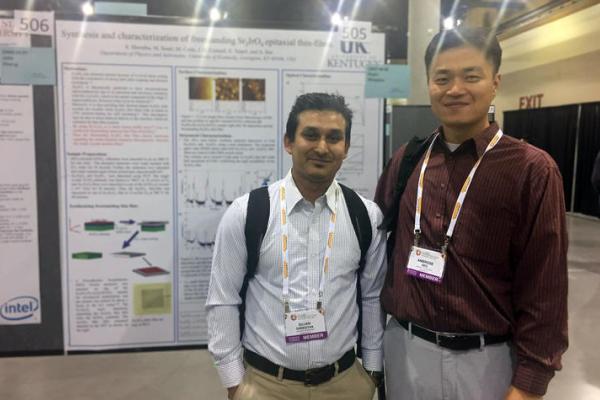 Sujan Shrestha, Ph.D., left, a 2023 UK graduate and first author of the study, with Ambrose Seo, Ph.D., UK professor of physics, at a Materials Research Society research event.