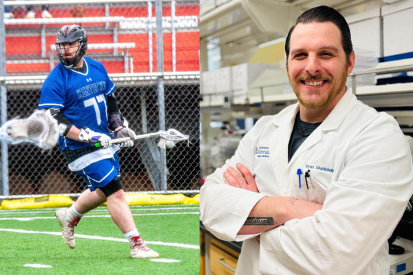Ryan Shahidehpour playing lacrosse for UK and in the lab