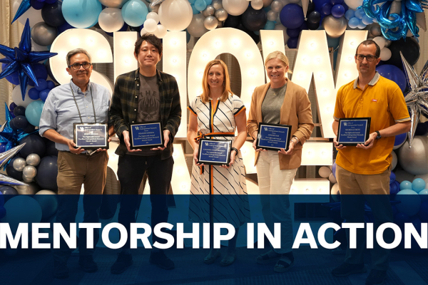 Winners of UK’s 2025 Excellent Undergraduate Research Mentor Award. From left: Juan Canedo, Hisashi Sawada, Cassandra Gipson-Reichardt, Lindsey Fay and Nicholas Teets with a title that reads Mentorship in Action"
