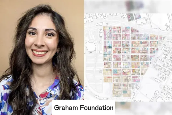 Leen Katrib (left) and her work (right) “Overlay of scanned 1929-62 Sanborn Fire Insurance Map on Auraria Campus Master Plan,” 2024.
