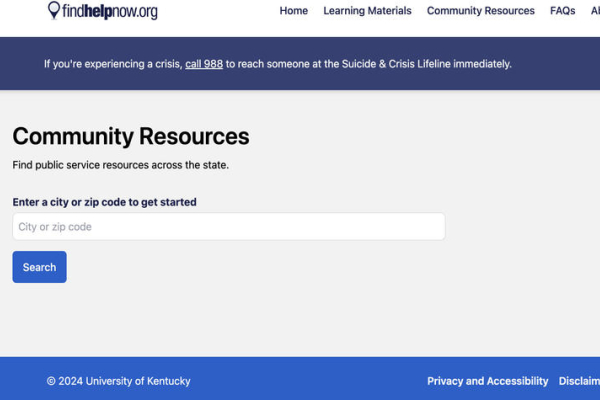 Community Resources search bar on FindhelpnowKY.org