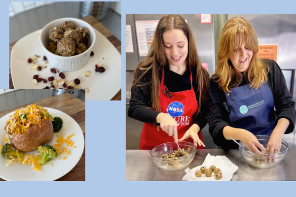 a collage of images showing, a baked potato, a chocolate dish and two people cooking in a kitchen