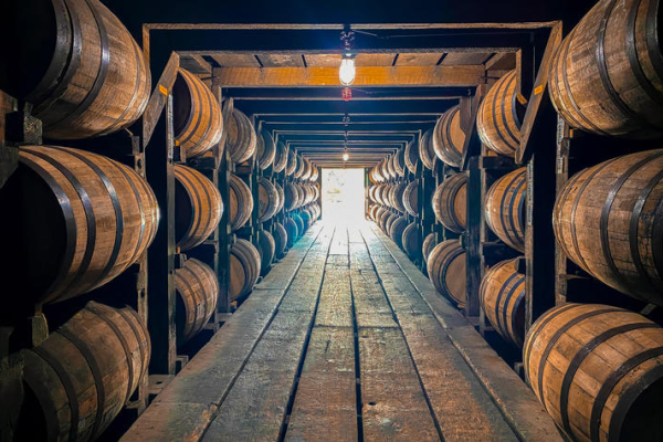 wooden barrels lining the walls of a bourbon rickhouse