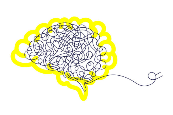 an abstract line drawing of a brain outlined in yellow