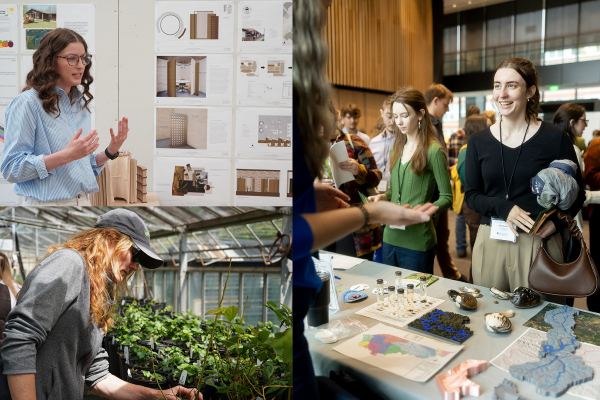 Collage of a student presenting a 3D model, instructor exploring a greenhouse, and people interacting at a career fair.