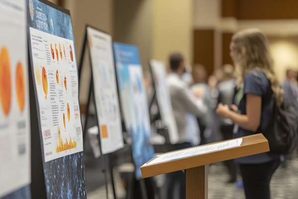 A woman looks at displayed scientific posters during a conference
