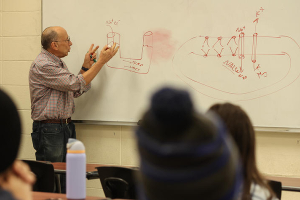 A professor teaches in front of a classroom whiteboard covered with scientific diagrams and notes while students listen from their seats.