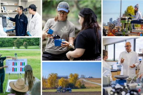 Collage of agricultural and scientific research activities. Images show researchers working with laboratory equipment, conducting field demonstrations, collecting soil samples outdoors, operating agricultural planting equipment in a field.