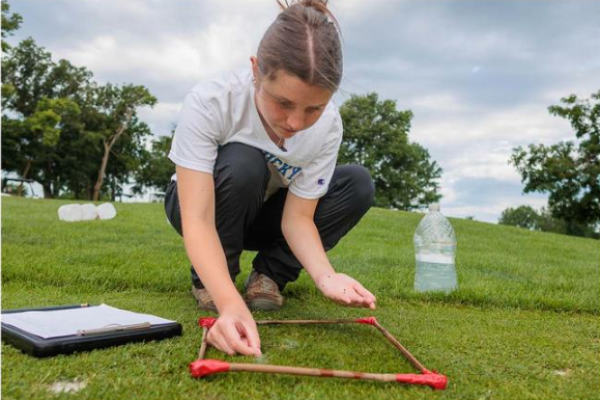 Person using a square sampling frame to examine grass in an outdoor field, with a clipboard and water container nearby.