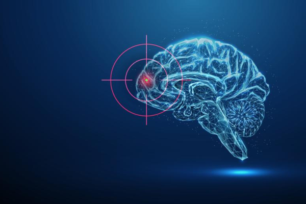 A bright blue transparent brain, against a dark blue background, with a red target focused on one part of the brain. 