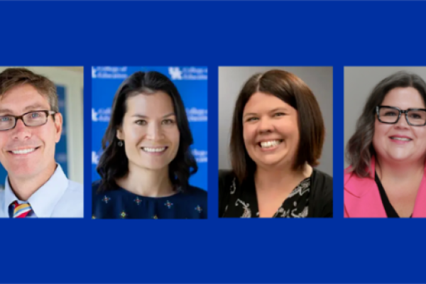 Headshots of four individuals arranged side by side on a blue background. Three images show people against blue backdrops, and one shows a person wearing a pink jacket against a neutral background.