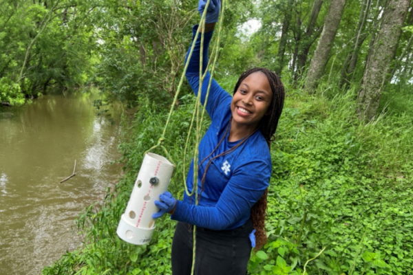 Person wearing gloves stands beside a wooded creek, holding a cylindrical sampling device suspended by ropes above the water. Dense green vegetation surrounds the creek bank.
