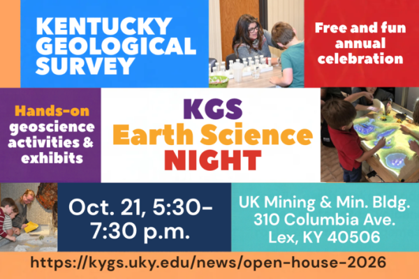 Promotional graphic for Kentucky Geological Survey Earth Science Night featuring photos of children and families participating in hands-on geoscience activities, examining rocks and minerals, and exploring an interactive topography exhibit.