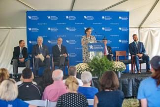 L to R: Jeff Franklin,CAFE; Tom Hammond; UK President Eli Capilouto; CAFE Dean Nancy Cox; UK Board of Trustees Chair Robert Vance; and Jim Beam distiller Freddie Noe. Photo by Matt Barton, UK Agricultural Communications.