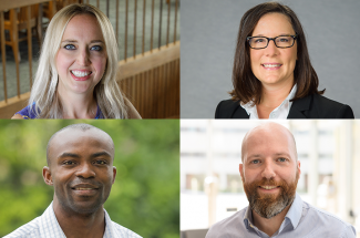 Photo of the four early career researchers, top: Carrie Shaffer, Gluck Equine Research Center, and Martha Grady, College of Engineering, bottom: Samuel G. Awuah, College of Arts & Sciences, and Vincent Venditto, College of Pharmacy.