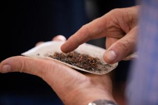 Photo of harvested materials after processing electronics recycling materials in the Groppo Laboratory.