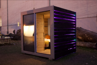 An 8'x8' shelter that includes the bare basics of a bed and shelves — built and designed by UK students Grace Butler, Lauren Davis, Jackie Russell and Chloe Kelley.