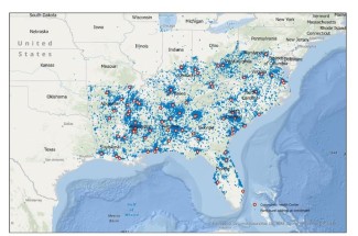 Map of Southern Community Cohort Study participant locations provided by Maureen Sanderson, Ph.D., Meharry Medical College.