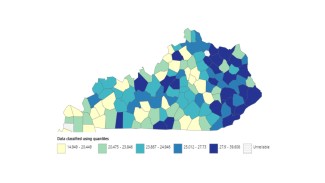 County level variation of colon cancer-related, age-adjusted mortality rates per 100,000 people from 1999-2020 depicted on a map of Kentucky.