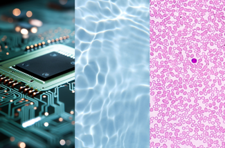 stock photo of a computer chip, water, and microscopic cells