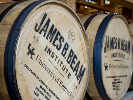 James Beam Institute whiskey barrels in a row