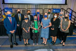 From left to right: Eli Capilouto, J. Todd Hastings, Kathryn L. Moore, Haipeng (Allan) Chen, Linda Van Eldik, H. Dan O’Hair, Susanne Markesbery Arnold, Seth DeBolt, Rae Goodwin, Lisa Cassis, and Amy Murrell Taylor.