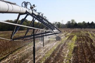 Irrigation pivot on Travis Gilkey's farm in Princeton, Kentucky.