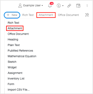 Attachment option on the LabArchives Toolbar