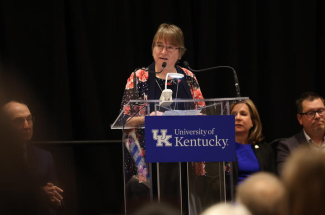 Linda Van Eldik, Ph.D., speaks at the Sanders-Brown center’s celebration of 40 years of continuous NIH funding