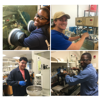 Four students are shown working with different scientific equipment. 